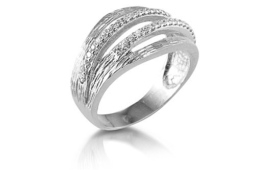 14K White Gold Matte-Finish Hand-Crafted Designer Ring, Enhanced with Pave Set Diamonds.