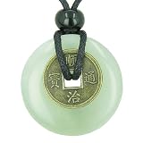 Antique Lucky Coin Evil Eye Protection Powers Amulet Green Jade Gemstone 30mm Donut Pendant Necklace