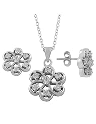 Sterling Silver Flower with Cubic Zirconia Earrings and Necklace Set