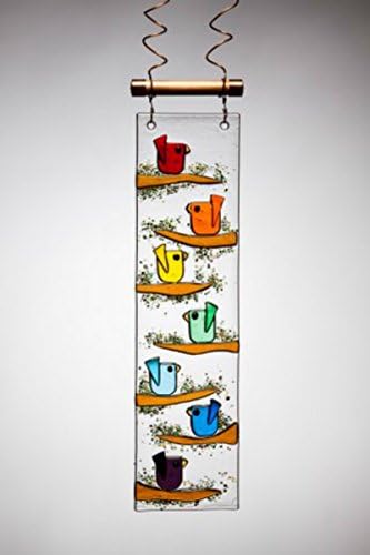 Handmade Bird Suncatcher Vertical Rainbow Fused Glass on Copper