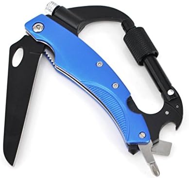 Multitool - Stainless Steel Carabiner Hook with Knife+Flashlight+Bottle Opener for Backpack, Hammock Straps, Hiking and More (Blue)