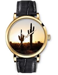 SPRAWL Aanalog Fashion Series Gold Ladies Watches of Genuine Black Leather Strap,Unique Wrist Watch for Women Girls Designed with Cactus in sunset
