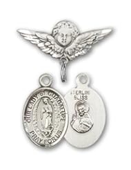 Sterling Silver Baby Badge with Our Lady of Guadalupe Charm and Angel with Wings Badge Pin