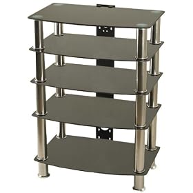 Portability GTS6BC GTS6BC 600mm AV Rack with 4-5 Black Glass Shelves & Chrome Legs