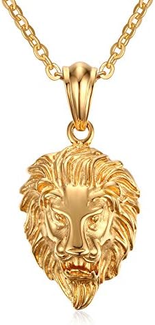 QuubbPunk Mens Stainless Steel Animal King Lion Head Shape Pendant Necklace with Chain Gold Plated