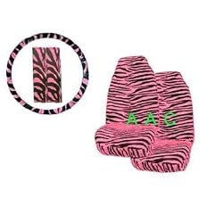 5 Piece Safari Animal Print Auto Interior Gift Set - 2 Pink Zebra Front Bucket Seat Covers, 1 Pink Zebra Steering Wheel Cover, and 2 Pink Zebra Shoulder Harness Pressure Relief Cover