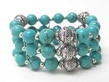 Beautiful DaVinci 3 Tier Genuine Stone Tuquoise Look Beaded Stretch Bracelet with Silver Beaded Accents