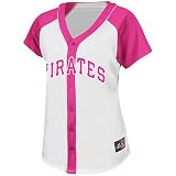 MLB Women's Pittsburgh Pirates Short Sleeve 5 Button Synthetic Replica Baseball Jersey (White/Pink Splash, Medium)