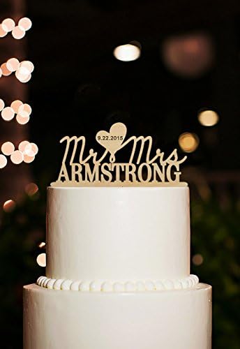 Mr and Mrs Wedding Cake Toppers Personalized Name and Wedding Date in Heart Cake Decorations