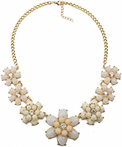 Fashion White Resin Rhinestone Multi Flower Choker Bib Statement Necklace