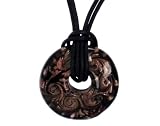 Gold Overlay Sterling Silver Black and Bronze-Tone Round Murano Glass Pendant w/ Black Cord