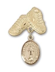 Gold Filled Baby Badge with Our Lady of All Nations Charm and Baby Boots Pin
