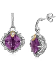 18K Yellow Gold and Sterling Silver Cushion Amethyst and Diamond Earrings