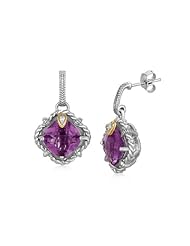 18K Yellow Gold and Sterling Silver Cushion Amethyst and Diamond Earrings