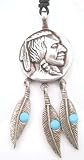 Indian Style COIN & Feathers Turquoise Color PEWTER Pendant
