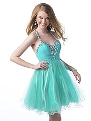 Sexy A-line V-neck 2015 Spaghetti Strap Backless Crystal Tulle Short Homecoming Dress/Prom Dress/Mini Dress 