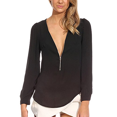 BAISHENGGT Women's Long Sleeve V Neck Zipper Sexy Chiffon Pullover T-shirt Blouse