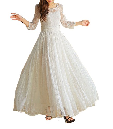 (ディーコッテ)D'Kotte レディース 春 夏 ワンピース ドレス ロング マキシ シフォン 7分袖 レース プリーツ ホワイト neaa282