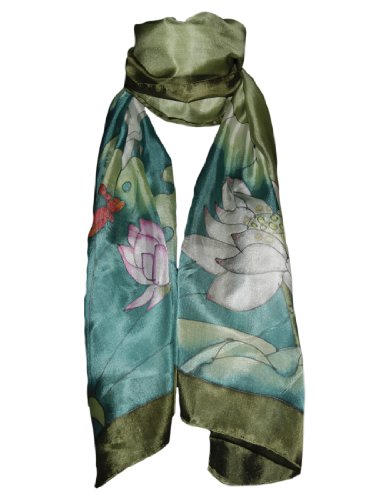 Hand-Painted Silk Scarf - Lotus and Dragonfly