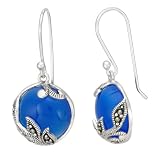 Sterling Silver Marcasite Overlay Round Blue Jade Earrings