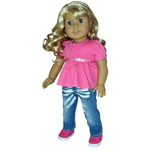 Pink Knit Babydoll Top and Jeans. Fits Dolls Like American Girl Doll and Bitty Baby.