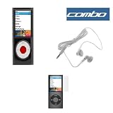 Solid Black Snap On Crystal Cover Case + White Stereo 3.5mm Headset + Clear Reusable LCD Screen Protector for Apple Nano Chromatic 8GB 16GB 4G 4th Generation