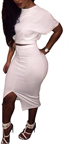 UWISH Women Batwing Sleeve T-Shirt Top 2 Pieces Slit Bodycon Midi Dress White 10