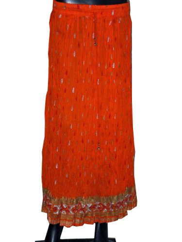 Cotton Crinkle Floral Print Flame Orange Boho Long Skirt for Women