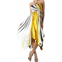 Swirl Design Satin Feel Beaded Halter Smocked Bodice Handkerchief Hem Dress