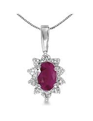 10k White Gold Oval Ruby And Diamond Pendant with 18" Chain