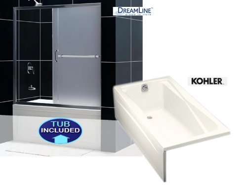 Kit: DreamLine Frosted Glass Brushed Nickel Single Sliding Tub Door and Kohler Hourglass Bath Tub