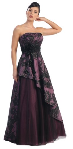 Strapless Printed Dress Long Gown Prom #764 (14, Black/Eggplant)