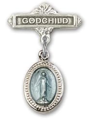 Sterling Silver Baby Badge with Blue Miraculous Charm and Godchild Badge Pin