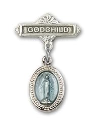 Sterling Silver Baby Badge with Blue Miraculous Charm and Godchild Badge Pin