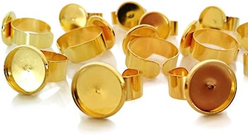 10 Gold Plated Brass Adjustable Bezel Rings Bases Blanks for 14mm Cabochon (Gold)