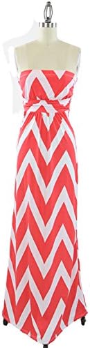 Coral Pink and White Long Women's ZigZag Chevron Strapless Maxi Dress Small