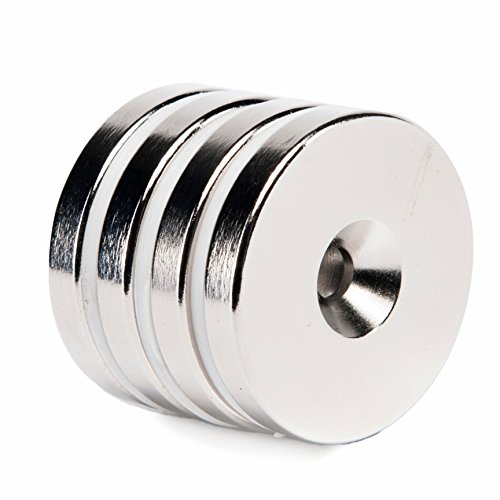 TAQTON Neodymium Round Base or Ring Magnets w/Countersunk Hole, 4 Pack, N52, 34 lbs Holding Force, 1.26"D x 0.20"H. Strong, Permanent, Rare Earth Magnets. DIY, Kitchen/Garage Tool Organizer Magnets