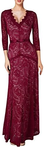 Thiness Women's Floral Lace 2/3 Sleeves Long Bridesmaid Maxi Dress Red