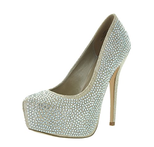 DREAM PAIRS Women s Elegant Stiletto Rhinestones Almond Toe Dress Platform Heel Pump Shoes Gold Size 7
