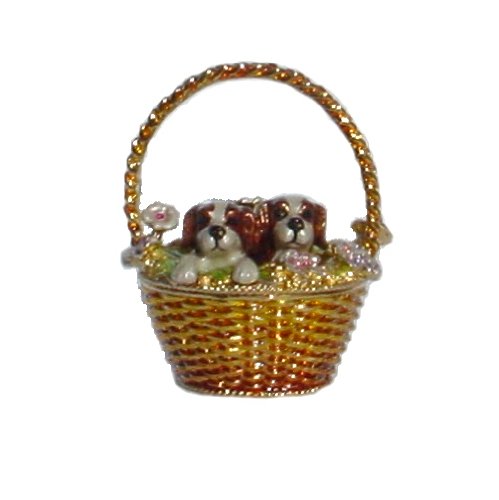 Cavalier King Charles Spaniel Puppy in a Basket Swarovski Crystals Three Puppies Miniature Jewelry Box Trinket Pill Keepsake FREE SHIPPING!