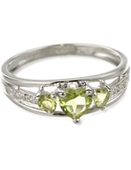 Three Heart Shape .018 Diamonds CTTW in Silver Peridot Ring, Size 6