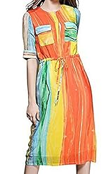 Striped Print Elbow Length Sleeves Midi Dress 