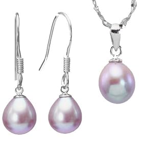 Pearl Essence 7-8mm AAAA Drop Pendant Necklace &amp; Earrings Set in Platinum Overlay CAREFREE Sterling Silver, Lavender: Dahlia: Jewelry