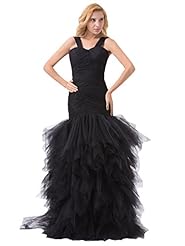 Natural   Waistline Mermaid Lace  Ruched Asymmetric Floor Length Tulle Prom Dress  With Ruffles