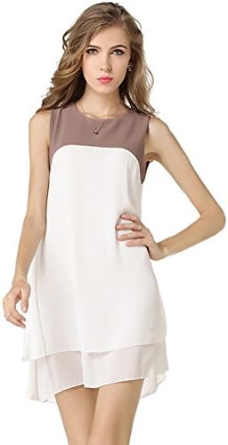 HQS Women's Hit Color Sleeveless Chiffon Dress Irregular Stitching (Medium)