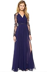 Sexy V-neck Halter Long Sleeves Floral Print Slit Cutout Lace Sheer Cocktail Chiffon Club Dress/Prom Dress/Party Dress/Wedding Dress/Maxi Dress 