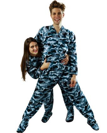 PajamaCity Blue Camo Drop Seat Polar Fleece Adult Footed Pajamas for Men and Women