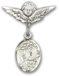 Sterling Silver Baby Badge with Miraculous Charm and Angel with Wings Badge Pin