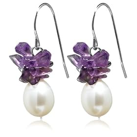 Freshwater 9-10mm Cultured Pearl and Amethyst Chip Earrings