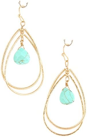 Bling Bar Open Metal Tear Drop with Semi Precious Stone Earring (TURQUOISE)